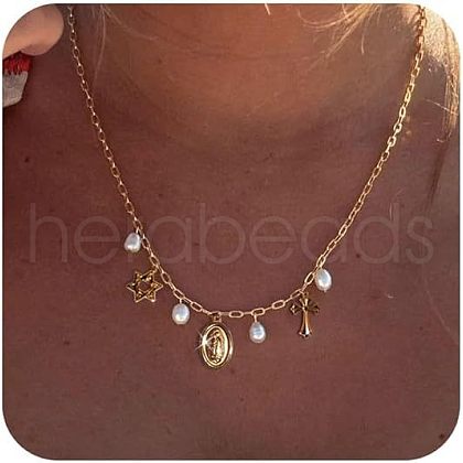Summer Beach Brass & Plastic Imitation Pearl Pendant Necklaces for Women FS-WG04E65-05-1
