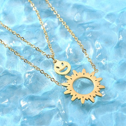 304 Stainless Steel Sun and Smiling Face Pendant Double Layer Necklaces for Women NJEW-A045-14G-1