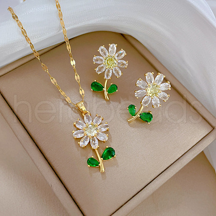 Brass Micro Pave Cubic Zirconia Pendant Necklace & Stud Earrings WG7AC39-52-1