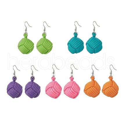 Handmade Polyester & Spandex Braided Ball Dangle Earrings with Natural Wood Beaded EJEW-JE05166-1