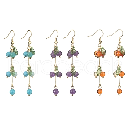 3 Pair 3 Style Natural Mixed Stone Beads & Acrylic Leaf Dangle Earrings EJEW-TA00269-1