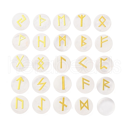 Brass Elder Futhark Alphabet Engraved Symbol Flat Round Natural Quartz Crystal Rune Stones G-I373-01B-1