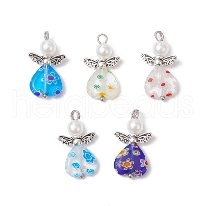 Handmade Millefiori Lampwork Beads and ABS Plastic Imitation Pearl Round Beads and Tibetan Style Alloy Fairy Wing Beads and 304 Stainless Steel Ball Head Pins Pendants PALLOY-JF03740-02-1