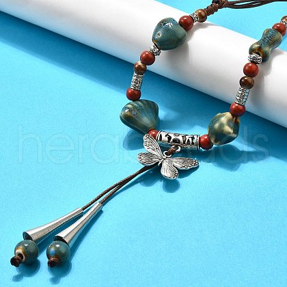 Ethnic Style Alloy & Porcelain Ceramic Beads Butterfly Pendant Tassel Y Necklaces NJEW-D308-01B-1