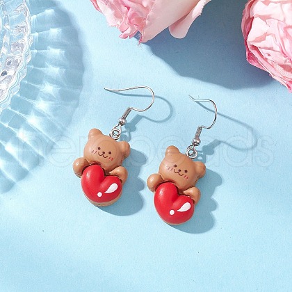Bear with Heart Opaque Resin Dangle Earrings EJEW-JE06436-1