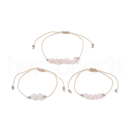 3Pcs 3 Style Natural Rose Quartz Braided Bead Bracelets Set BJEW-JB09334-01-1