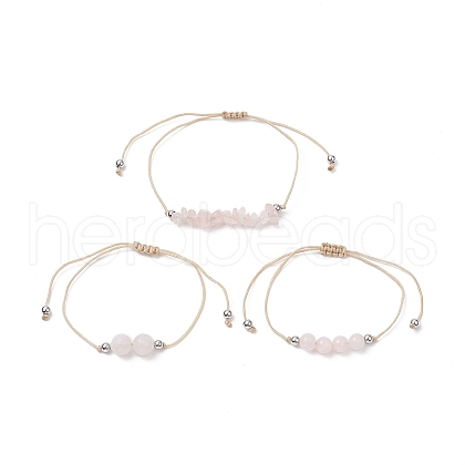 3Pcs 3 Style Natural Rose Quartz Braided Bead Bracelets Set BJEW-JB09334-01-1