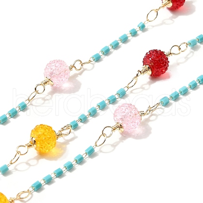 Brass Hexagonal Column Glass Seaded Beaded & Resin Round Beaded Link Chains CHC-G026-01F-1