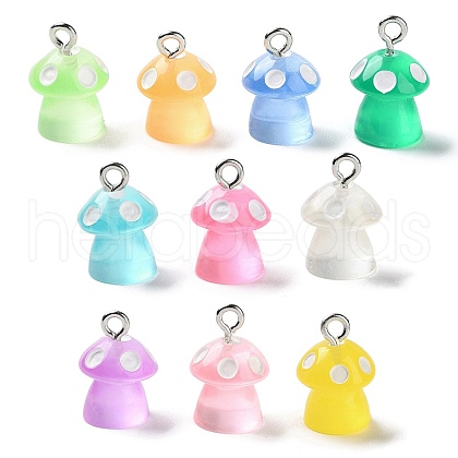 Luminous Resin Cartoon Mushroom Charms with Platinum Tone Iron Loops CRES-Z004-02-1
