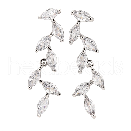 Leaf Brass Micro Pave Clear Cubic Zirconia Dangle Stud Earrings EJEW-F348-02P-1