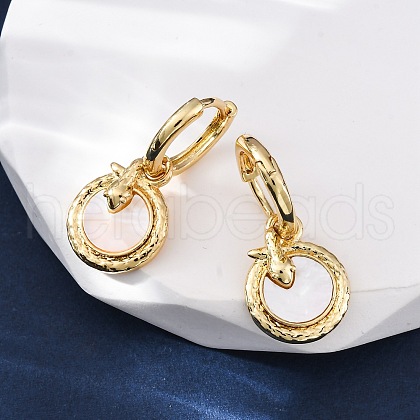Flat Round with Snake Brass Shell Hoop Earrings KK-D363-21G-1