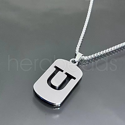 Rectangle with Laser Cut Letter 201 Stainless Steel Initial Pendant Necklaces WGA5E8C-21-1