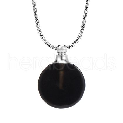 Natural Black Onyx(Dyed & Heated) Flat Round Perfume Bottle Pendant Necklaces PW-WGD45C6-10-1