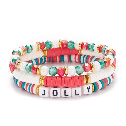 3Pcs 3 Style Polymer Clay Heishi Surfer Stretch Bracelets Set with Word Jolly Acrylic Beads BJEW-TA00129-1