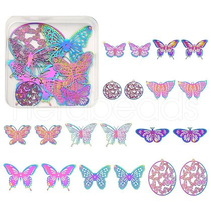 20Pcs 10 Style Ion Plating(IP) 201 Stainless Steel Filigree Pendants STAS-SZ0002-15-1