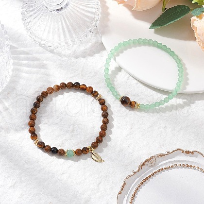 Natural Tiger Eye and Green Aventurine Stretch Bracelets BJEW-JB11962-1