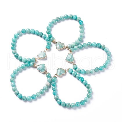 Natural Amazonite Stretch Heart Link Bracelets BJEW-P265-01A-1