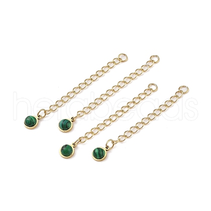 Ion Plating(IP) 316 Surgical Stainless Steel Curb Chain Extender with Malachite Round Charm STAS-A097-01G-10-1