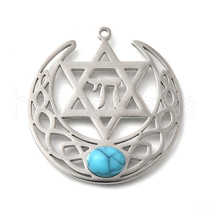 304 Stainless Steel Pave Synthetic Turquoise Star of David and Chai Symbol Pendants STAS-S178-08P-1