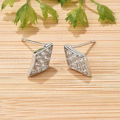 Rhombus Brass Micro Pave Clear Cubic Zirconia Stud Earrings for Women EJEW-G428-16P-1