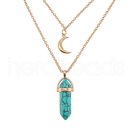 Natural Turquoise Cone Pendant Double Layer Necklace UX9990-31-1