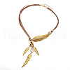 Feather Alloy Crystal Rhinestone Pendant Multi-Strand Camel Wax Cord Lariat Necklaces for Women FS-WGEEE72-03-2