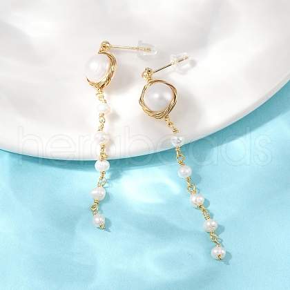 Round Brass Natural Freshwater Pearl Tassel Stud Earrings EJEW-U072-02G-1