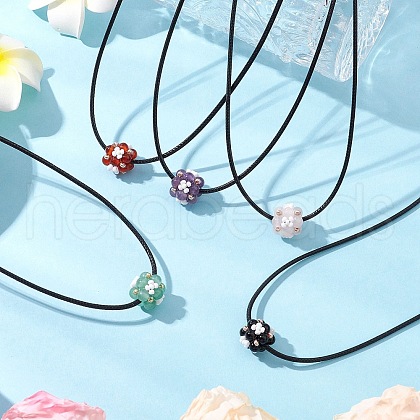 Natural Mixed Stone & Glass Seed Beads Cluster Flower Pendant Necklaces NJEW-MZ00095-1