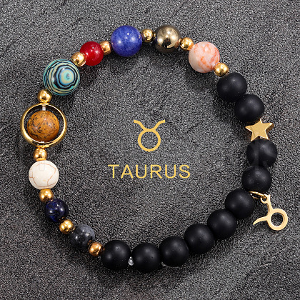 12 Zodiac Sign Natural Black Obsidian Round Beads & Synthetic Mixed Gemstone Beads Charm Bracelets for Men Women WG666A9-10-1