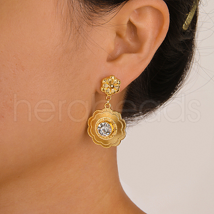 Brass Clear Cubic Zirconia Flower Dangle Stud Earrings RG2697-1