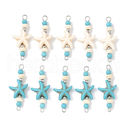 10Pcs 2 Colors Dyed Synthetic Turquoise Starfish Rondelle Round Beaded Connector Charms PALLOY-JF04015-1