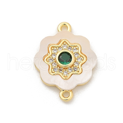 Brass Micro Pave Clear Cubic Zirconia & Shell Connector Charms KK-M303-03G-08-1