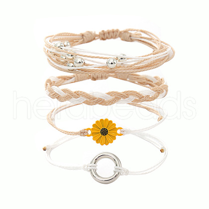 4Pcs Flower with Ring Alloy & Wax Cord Braided Bead Bracelets Set FS-WG10F8B-09-1