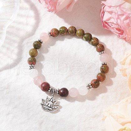 Natural Unakite & White Jade & Rose Quartz & Polychrome Jasper Round Beaded Stretch Bracelets BJEW-JB11953-02-1