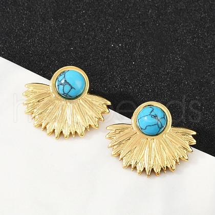 Fan 304 Stainless Steel Synthetic Turquoise Stud Earrings for Women EJEW-U046-17B-G-1
