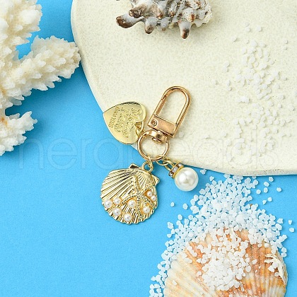 Heart & Shell Shape Alloy & ABS Plastic Imitation Pearl Pendant Decoration HJEW-YW00027-01-1