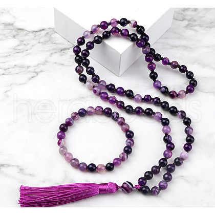 Natural Amethyst Round Beaded Pendant Necklaces & Bracelets Sets FS-WG9D102-22-1