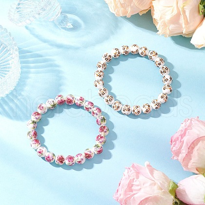2Pcs Handmade Flower Printed Porcelain Ceramic Beaded Stretch Bracelets BJEW-JB11910-1