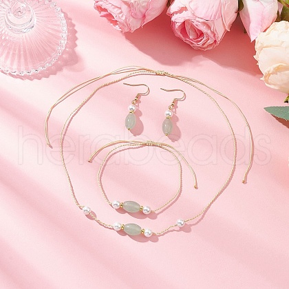 Oval Natural Green Aventurine & Shell Pearl Beaded Necklace & Bracelet & Dangle Earring Sets SJEW-JS01332-1