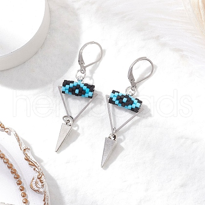 Triangle with Eye Brass Glass Seed Beaded Leverback Earrings EJEW-MZ00452-01-1