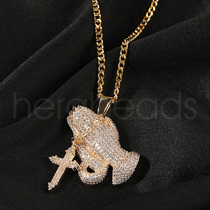 Praying Hand with Cross 316L Surgical Stainless Steel & Brass & Clear Cubic Zirconia Pendant Necklaces FS-WG75093-01-1