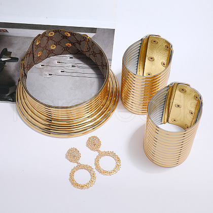 African Vintage Plastic & Resin Long Neck Collar & Wide Leather Bracelet & Stud Earring Sets FS-WGD976E-01-1