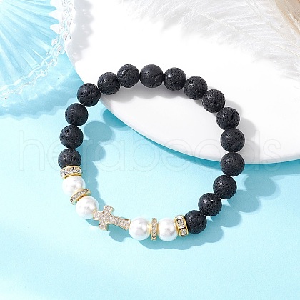Natural Lava Rock & Shell Pearl Round Beads Stretch Bracelets BJEW-JB11826-01-1