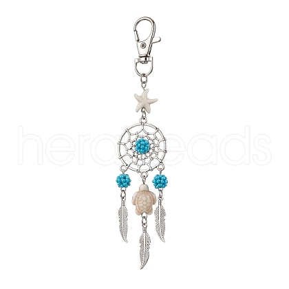 Woven Net/Web with Feather Alloy & Dyed Synthetic Turquoise & Glass Seed Pendant Decorations HJEW-MZ00238-02-1