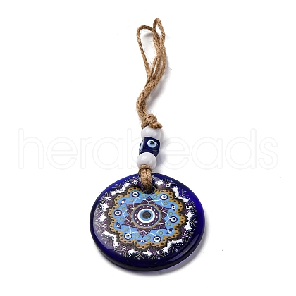 Flat Round with Evil Eye Lampwork Pendant Decoration HJEW-Z005-01C-1