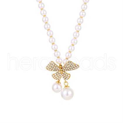 304 Stainless Steel Bowknot Pendant Necklace with Natural Pearl Beaded ZX4765-2-1