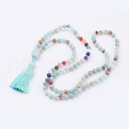 Natural Flower Amazonite Tassel Pendant Necklaces NJEW-P193-A05-1