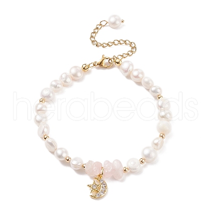 Natural Rose Quartz Chips & Pearl Beaded Bracelet BJEW-JB08236-01-1