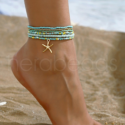 6Pcs Alloy Glass Seed Beads Anklets WGFF5FF-07-1