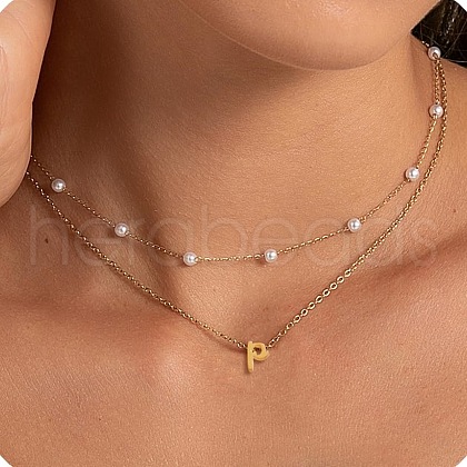 2Pcs 304 Stainless Steel & White Plastic Imitation Pearl Letter Pendant Double Layer Necklaces FS-WG86091-16-1
